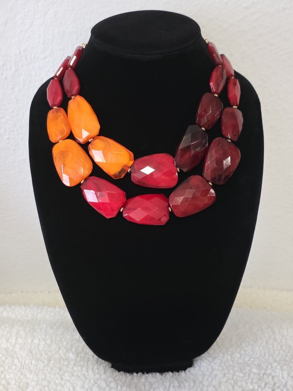 Chunky Boho Fall Colored Layered Statement Necklace Red Orange Gold Tone New